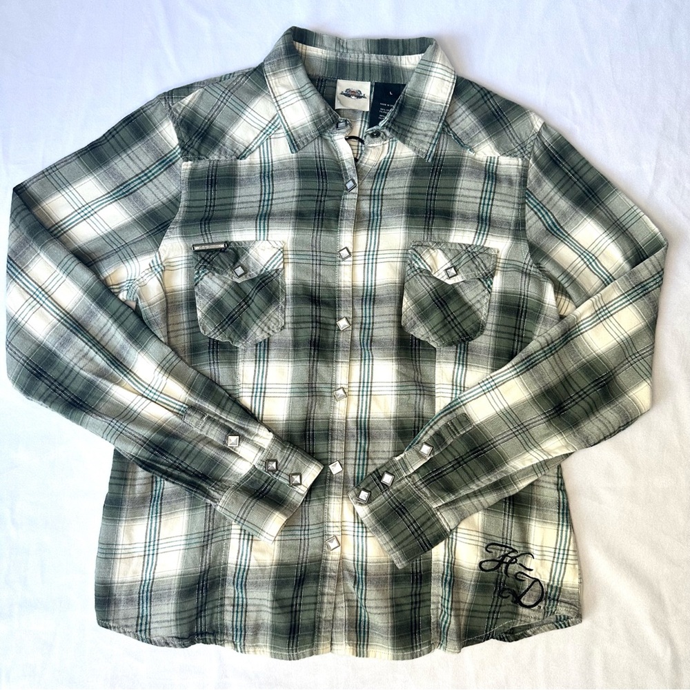 RARE UPSIDE DOWN TAG Harley Davidson Plaid Button Down Shirt - Womens Large